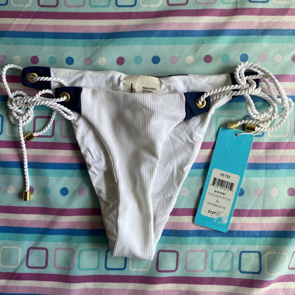 Beach Bunny White and Navy Bikini Rope Tie Side Bottom NWT